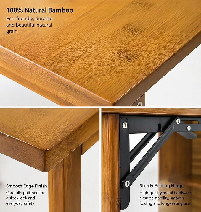 HDDFER Bamboo Folding Desk for Small Spaces,Hidden Desk with Storage Shelf, Foldable Computer Desk for Bedroom Home Office, Mid Century Modern Fold Out Table Writing Table, Brown