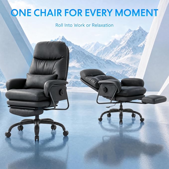 FLEXISPOT Cooling Ergonomic Office Chair with Footrest Indoor Lounge Computer Chair with 90-165° 4-Level Reclining, Chairs for Working Relaxing Sleeping, Tech Cooling Leather with 0.4 Q-Max, Black