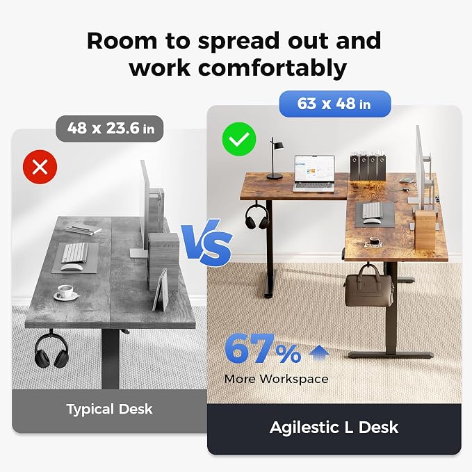 Agilestic Electric L Shaped Standing Desk 63 x 48 Inch with Power Outlet, Height Adjustable Corner Stand up Desk with Cable Management,Sit Stand Home Office Workstation with Splice Board, Rustic Brown