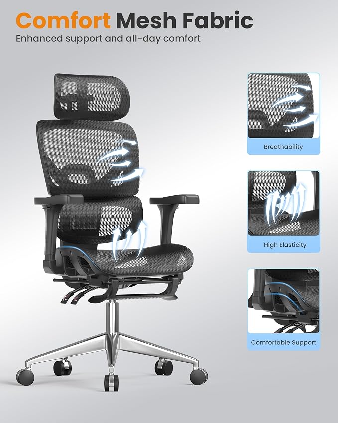naspaluro Ergonomic Office Chair, High Back Desk Chair with Adaptive Lumbar Support & 3D Wide Headrest, 3D Armrests, Footrest, Swivel Computer Chair for Home Office, Work & Gaming