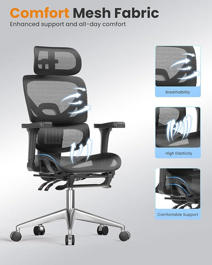 naspaluro Ergonomic Office Chair, High Back Desk Chair with Adaptive Lumbar Support & 3D Wide Headrest, 3D Armrests, Footrest, Swivel Computer Chair for Home Office, Work & Gaming
