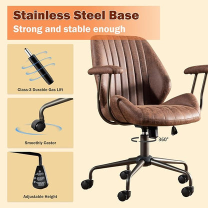 Home Office Chair,Ergonomic Computer Chair with Lumbar Support Adjustable Height,Mid-Century Modern Office Chair with Rolling Swivel Chair for Home Office Game Study(Suede Mid Back Chair,Dark Brown)