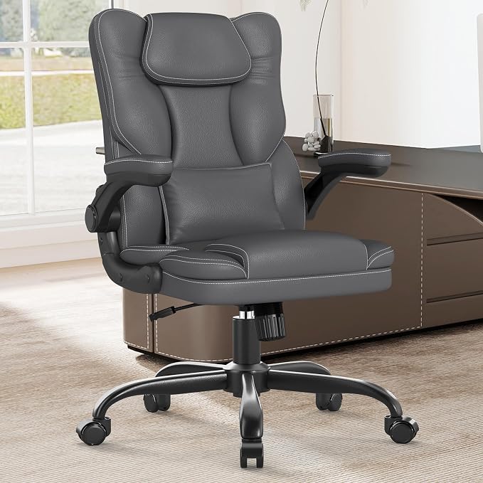 Ergonomic Office Chair with Flip-Up Armrests, Mid Back Executive PU Leather Desk Chair, Height Adjustable with Lumbar Support, Rocking & Swivel Computer Chair for Home Office