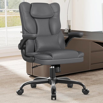 Ergonomic Office Chair with Flip-Up Armrests, Mid Back Executive PU Leather Desk Chair, Height Adjustable with Lumbar Support, Rocking & Swivel Computer Chair for Home Office