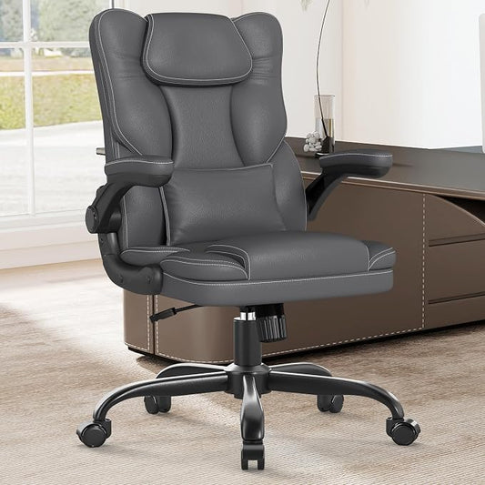 Ergonomic Office Chair with Flip-Up Armrests, Mid Back Executive PU Leather Desk Chair, Height Adjustable with Lumbar Support, Rocking & Swivel Computer Chair for Home Office