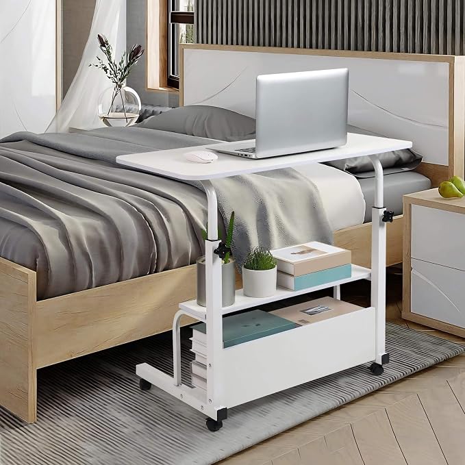 Laptop Desk Removable and Adjustable Height Table for Bedroom Bedside, Office Desk Home Writing Desk, Small Standing Desks with Storage TV Tray Table, Size 31.5 Inch White