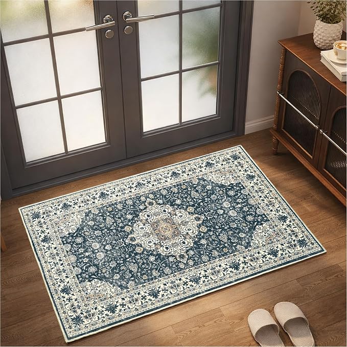 Goideal Washable Rug 2x3, Vintage Area Rugs Non Slip, Indoor Low Pile Carpet with Rubber Backing for Kitchen Bathroom Entryway Office Bedroom,Black & White