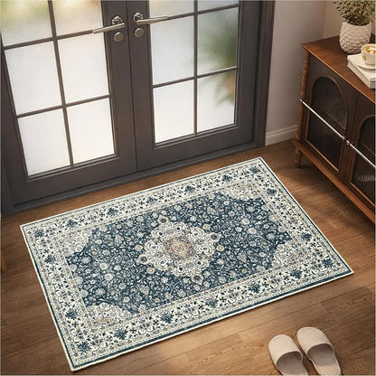 Goideal Washable Rug 2x3, Vintage Area Rugs Non Slip, Indoor Low Pile Carpet with Rubber Backing for Kitchen Bathroom Entryway Office Bedroom,Black & White