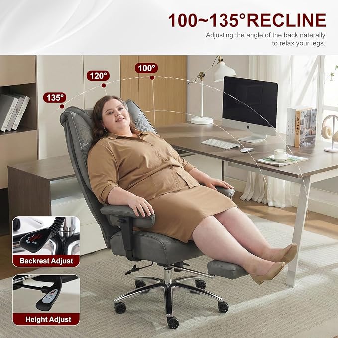 EXCEBET Big and Tall Office Chair 400lbs Wide Seat, Leather High Back Executive Office Chair with Foot Rest, Ergonomic Chairs Lumbar Support for Lower Back Pain Relief (Grey)