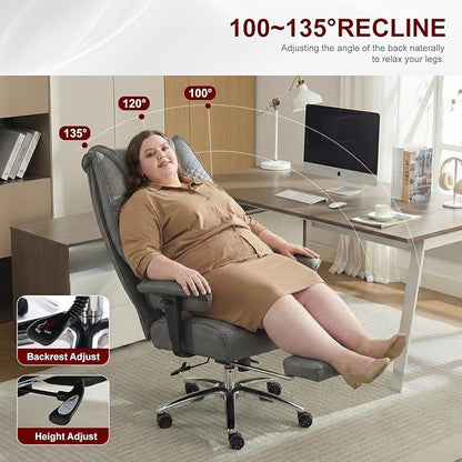 EXCEBET Big and Tall Office Chair 400lbs Wide Seat, Leather High Back Executive Office Chair with Foot Rest, Ergonomic Chairs Lumbar Support for Lower Back Pain Relief (Grey)