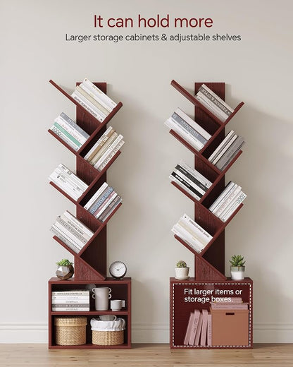 SUNMORY 6 Tier Tree Bookshelf, Tall Bookcase with Storage Cabinet, Modern Narrow Bookshelves Organizer, Floor Standing Book Shelf for Bedroom/Living Room/Home Office/Corner, Cherry