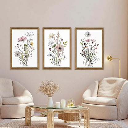 WRFON Framed Botanical Canvas Wall Art Set of 3, Watercolor Floral Prints, Framed Flower Wall Decor for Bedroom Bathroom Living Room, 20x30 Inch Each
