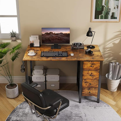 DLisiting 47 Inch Computer Office Desk - Home Office Desk with Storage Fabric Drawers, Simple PC Writing Work Desks for Bedroom Boys Girls Teens Childrens, Rustic Brown