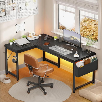 DurayLoly 55" 0.95 Thicker L Shaped Computer Desk for Home Office, Black | Gaming Desk with Power Outlets & LED Lights,Computer Desk for 2 Monitors ,Reversible Corner Desk,220 lbs,Bedroom,Home Office