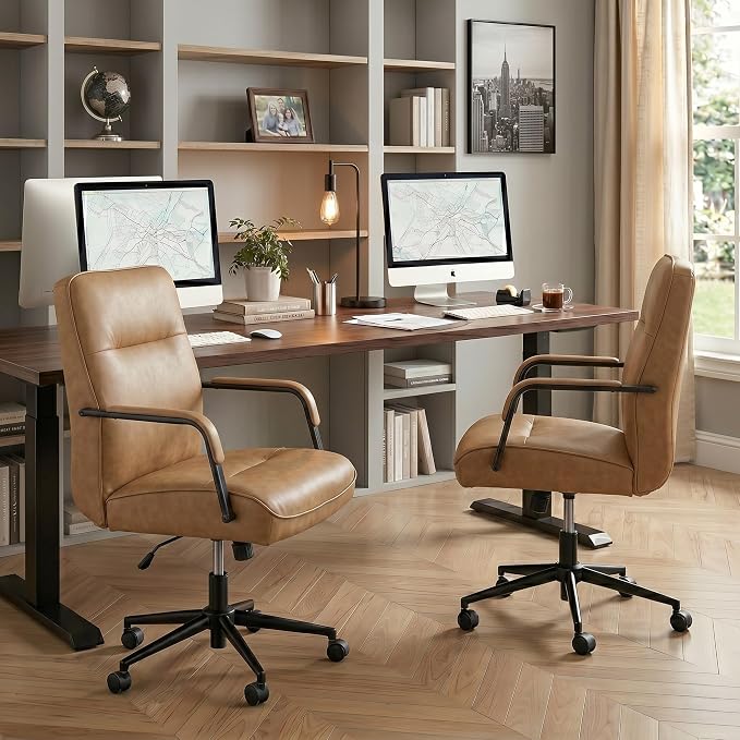 KISLOT Ergonomic Home Office Chair with Lumbar Support, Adjustable Swivel Modern Desk Chair with Wheels, Faux Leather Computer Chair with Padded Arms, Comfy Executive Office Chair, Camel Brown