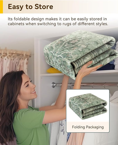 RELEANY Area Rugs Square 4ft Washable Non-Slip, Floral Vintage Distress Medallion Carpet for Living Room Bedroom Dining Room, Dark Green Gray