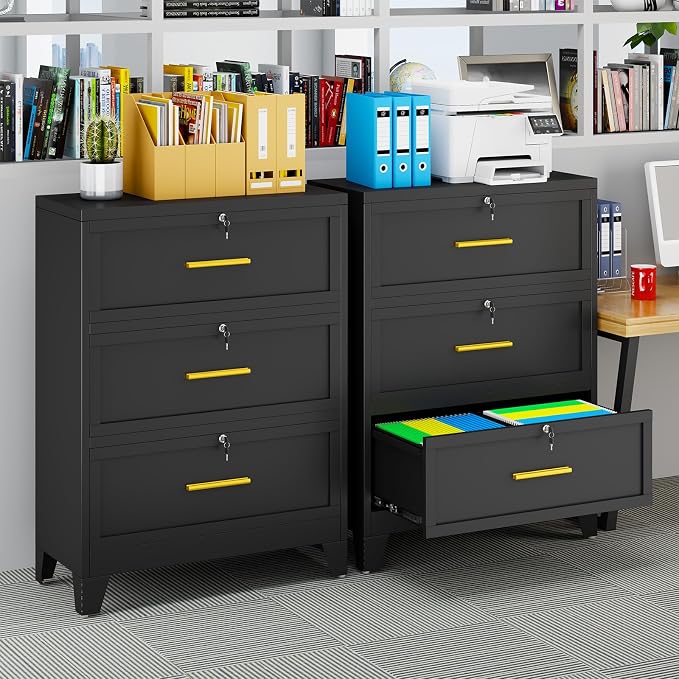 erosoei 3 Drawer File Cabinet with Lock, Metal Lateral File Cabinets for Home Office, Steel Wide Filing Organization Storage Cabinets, Home Office Furniture for Hanging Files Letter/Legal/F4/A4 Size.