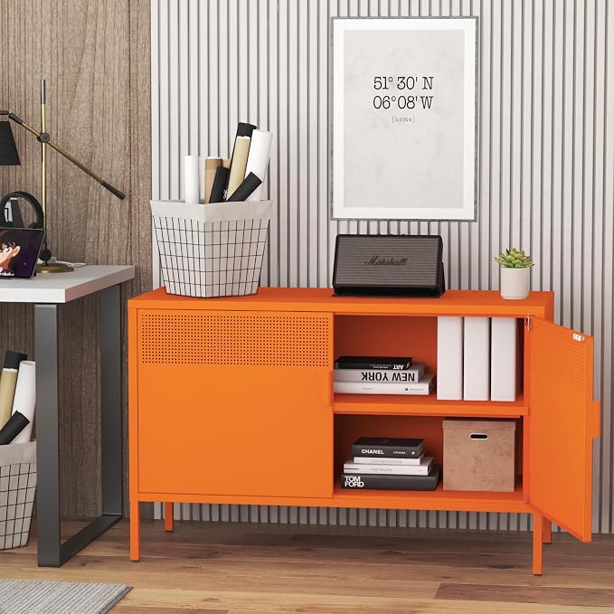 Chshin Metal Storage Cabinet with Doors,Orange Accent Cabinet,Metal Locker Storage Cabinets,2 Door TV Media Stand with Removable Shelves for,Home,Office,Entryway,Living Room