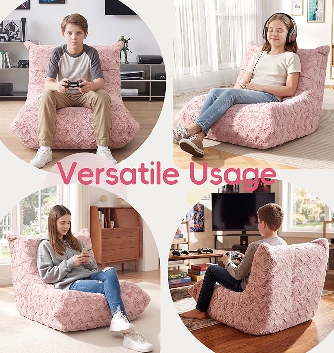 Hobestluk Medium Bean Bag Chair Faux Fur Fabric BeanBag Couch for Playroom | Pink Chevron,Ergonomic Design,Memory Foam,Strong Supportive,No Assembly Required,Decorative Style for Living Room Bedroom