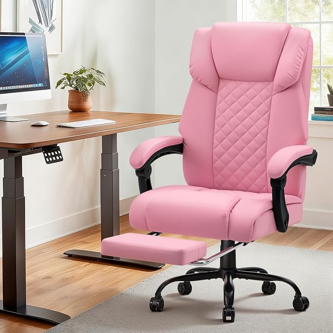 HOFFREE Massage Office Chair with Heat 7 Points Vibration Ergonomic Executive Office Chair with Footrest Reclining High Back Home Office Desk Chairs Light Pink