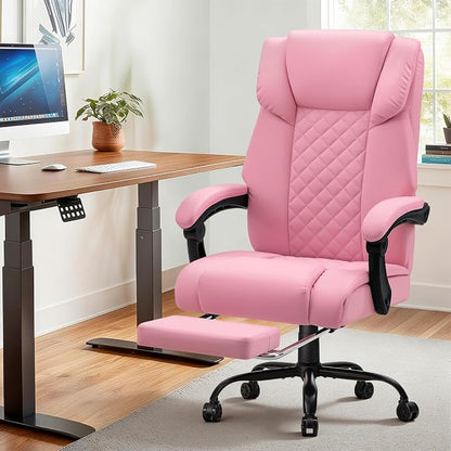 HOFFREE Massage Office Chair with Heat 7 Points Vibration Ergonomic Executive Office Chair with Footrest Reclining High Back Home Office Desk Chairs Light Pink