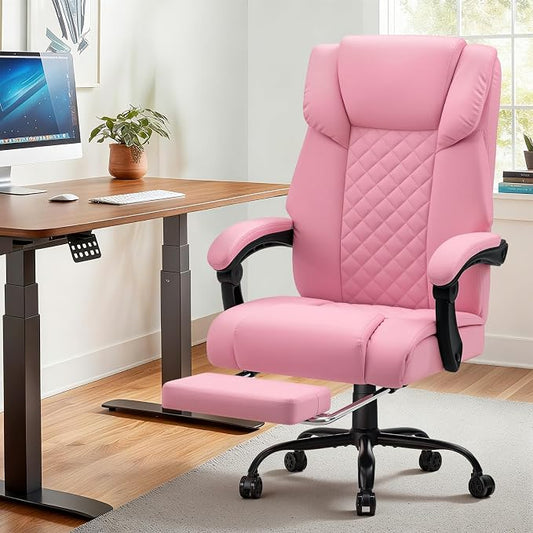 HOFFREE Massage Office Chair with Heat 7 Points Vibration Ergonomic Executive Office Chair with Footrest Reclining High Back Home Office Desk Chairs Light Pink