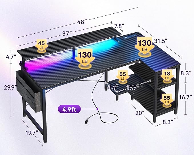 ODK 48 Inch Gaming Desk with USB Charging Ports and LED Lights, Reversible L Shaped Computer Desk with Storage Shelves & Monitor Stand, Corner Gamer Desk Table with Power Outlets, Black