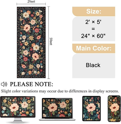 DUKINO 2x5 Runner Rug for Hallway, Washable Kitchen Floral Runner Rug with Non Slip Backing, Low Pile Soft Boho Carpet for Kitchen, Hallway, Entryway, Laundry, Bedroom, Black
