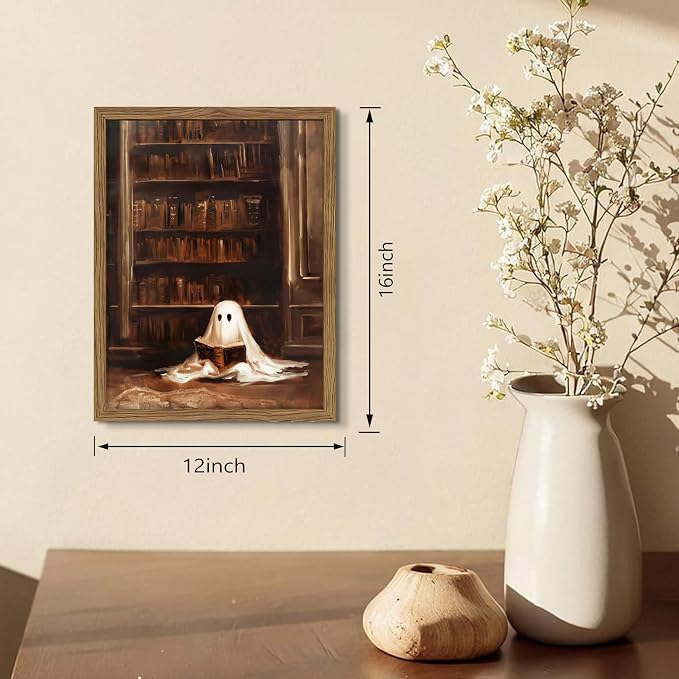 Framed Vintage Library Ghost Wall Art - Ghost Reading Canvas Print Halloween Decor, Gothic Victorian Dark Academia Halloween Wall Decor for Bedroom Office 12x16 inch Wood Frame