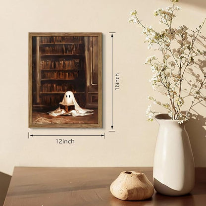 Framed Vintage Library Ghost Wall Art - Ghost Reading Canvas Print Halloween Decor, Gothic Victorian Dark Academia Halloween Wall Decor for Bedroom Office 12x16 inch Wood Frame