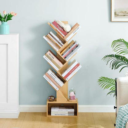 Hoctieon 6 Tier Tree Bookshelf, Tall Bookcase with Drawer, Freestanding Book Shelf, Display Floor Standing Storage Shelf, Book Organizer Shelves for Home Office, Living Room, Bedroom, Yellow