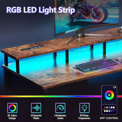 Korfile 47 Inch Gaming Desk with Power Outlets and LED Lights, Reversible Computer Desk with 5 Fabric Storage Drawers, Home Office Desk with Monitor Stand for Working Writing Study, Rustic Brown