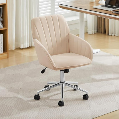 YITAI Velvet Office Desk Armchairs with Silver Base and Wheels,Modern Height Adjustable 360 Degree Swivel Upholstered Vanity Chairs for Living/Room Bedroom/Study,Khaki