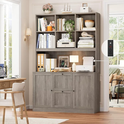 HIFIT 72'' Tall File Bookcase with Power Outlet & Printer Stand, 2 Drawer File Cabinets for Home Office Hanging Letter/A4 File, Storage Cabinet with 3 Tier Book Shelf & Doors For Living Room, Ash Grey