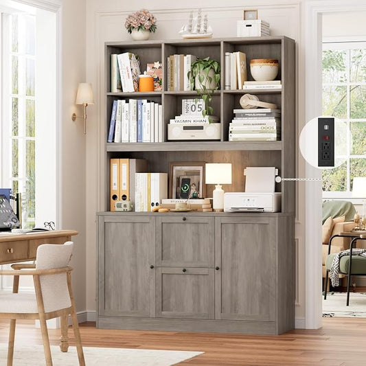 HIFIT 72'' Tall File Bookcase with Power Outlet & Printer Stand, 2 Drawer File Cabinets for Home Office Hanging Letter/A4 File, Storage Cabinet with 3 Tier Book Shelf & Doors For Living Room, Ash Grey