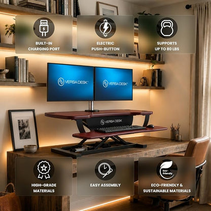 PowerPro 40 Inch Electric Standing Desk Converter – Push-Button Height Adjustable Sit to Stand Desk Riser for Triple Monitors & Laptop – Motorized Desktop Workstation with Wide Keyboard Tray