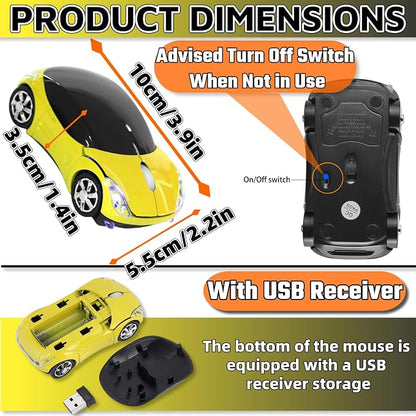HuGuWdy Yellow Cute Wireless Mouse，2.4G with USB Reciver 1600DPI Car Mouse for Computer Wireless for Laptop Computer Tablet for Windows for Mac OS for Christmas（Yellow）