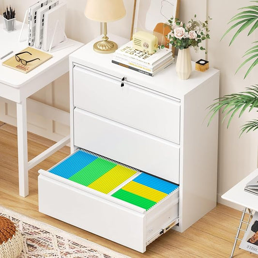 Crownland Lateral File Cabinet with 3 Drawers, 28" W Metal Lockable Office File Cabinets for Home Office- Stores Letter/Legal/A4/F4 Files(White)