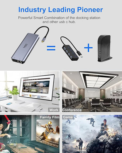 Selore USB C Docking Station Dual Monitor 13 in 1 USB-C Multiport Adapter | 2HDMI + DisplayPort, 100W PD, USB 3.0, SD/microSD, Gigabit Ethernet, 3.5mm audio, for Dell HP XPS Surface