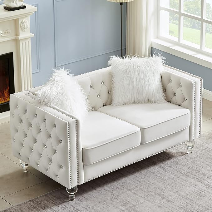 mikibama Velvet Loveseat with Buttons and Square Arms 59 Inch Tufted Sofa with Trimmed Nailhead and Acrylic Legs Loveseat Couch for Living Room,Bedroom (Beige-Crystal Legs, Loveseat)