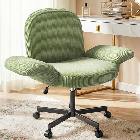 HUANUO Criss Cross Office Chair for Women, Cross Legged Desk Chair with Adjustable Armrests, Soft Corduroy Fabric for Small Spaces, Petite Home Office Computer Chair for Girls, Light Green