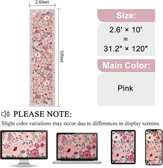DUKINO Runner Rug for Hallway, 2.6x10 Washable Floral Long Kitchen Rug with Non Slip Backing, Lightweight & Stain Resistant Soft Runners for Indoor Entrance, Laundry, Living Room, Bedroom, Pink