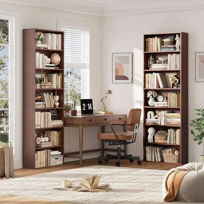 FACBOTALL 82" Tall Bookshelf Set of 2, 7-Tier Double Open Shelves Bookcase,Freestanding Display Storage Shelves, Tall Bookcase Home Decor Furniture for Home Office,Living Room,Bedroom, Cherry