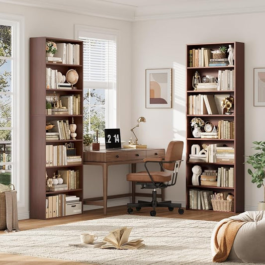 FACBOTALL 82" Tall Bookshelf Set of 2, 7-Tier Double Open Shelves Bookcase,Freestanding Display Storage Shelves, Tall Bookcase Home Decor Furniture for Home Office,Living Room,Bedroom, Cherry