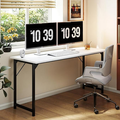 Sweetcrispy Small Computer Desk, 63" Office Writing Desk with Metal Frame & Wooden Top, X-Shaped Reinforcement, Student Study Home Bedroom Table, White