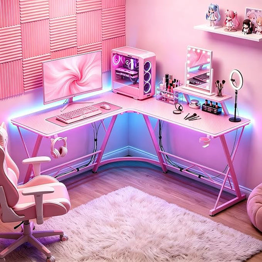 Mr IRONSTONE Gaming Desk with LED Lights, L Shaped Desk Corner with Cup Holder & Headphone Hook, Computer Desk Home Office Desks with Large Monitor Stand, Carbon Fiber Surface, Pink 51 Inch