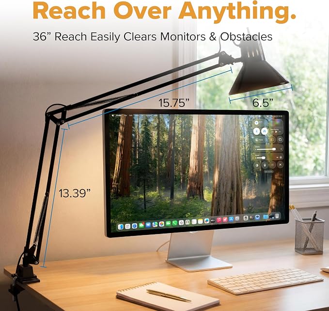 Bostitch Office VLF100 LED Swing Arm Desk Lamp with Clamp Mount, 36" Reach, Includes LED Bulb,Black