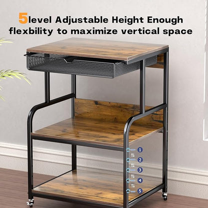 Large Printer Stand with Storage Shelf, Industrial Rolling Printer Cart Holder with Lockable Wheels, 5-Adjustable Heights, 3D Scanner Fax Printer Table for Home Office Use