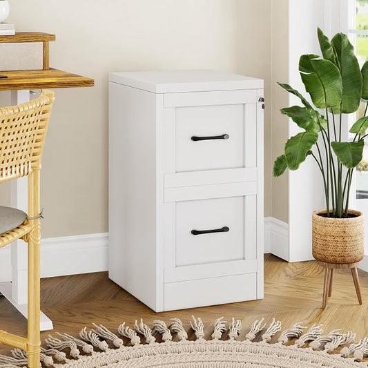 Small Metal 2-Drawer File Cabinet, Under-Desk Filing Cabinet, White | Locking, Adjustable Hanging Rail, Fit A4, FC, Letter, Hanging File Folders for Home Office Storage Organization, 1PS
