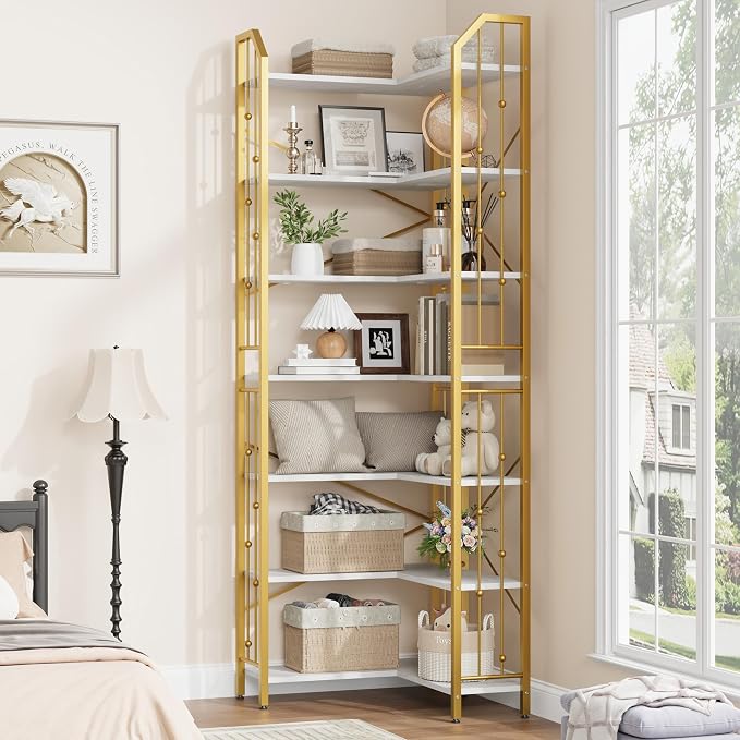 GarveeHome Corner Bookshelf 86" l Shaped Bookcase, Corner Bookshelves Industrial Bookcase 7 Tier l-Shape Bookshelf, Large Bookcases with Beaded Design Tall Display Rack Shelf for Living Room Bedroom
